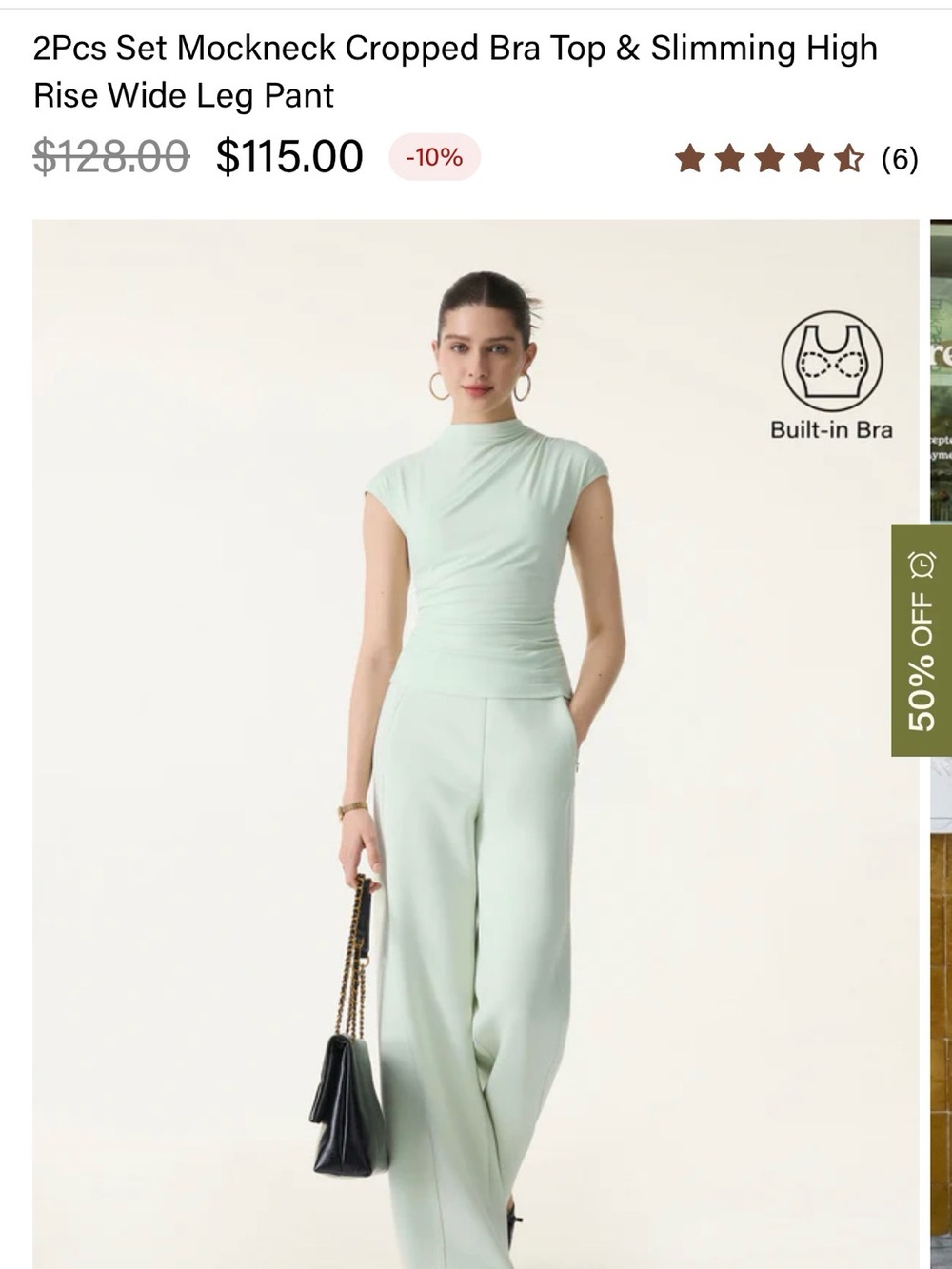 OGL 2Pcs Set Mockneck Cropped Top & High Rise Wide Leg Pant - Mint size L